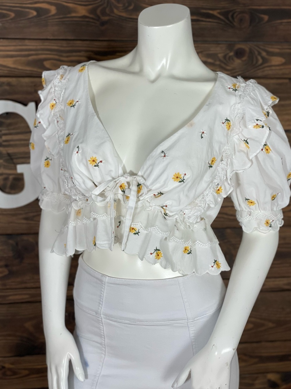 For Love And Lemons | Shelby Ruffle Blouse Crop Top Yellow Floral Embroidery